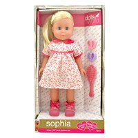 41cm (16”) soft bodied girl doll with deluxe blonde hair and detailed dress outfit. Sophia has a very pretty face and sleeping blue eyes. Set includes a hair brush and two sets of scrunches. 18m+