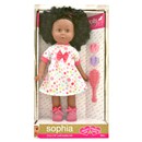 41cm (16”) soft bodied girl doll with deluxe blonde hair and detailed dress outfit. Sophia has a very pretty face and sleeping blue eyes. Set includes a hair brush and two sets of scrunches. 18m+