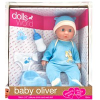 38cm (15") Baby Oliver is a drink & wet doll with  sleeping eyes. Accessories include a potty, nappy,  bottle and dummy. Length 38cm. Age 18m+