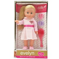 30cm (12") Evelyn Angel has beautiful long blonde hair. Dressed in a deluxe dress with "Angel"  emblem. Evelyn is soft bodied with sleeping eyes.  Accessories include hairbrush and scrunchies. Age 18m+