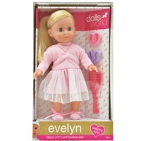30cm (12") Evelyn Ballerina has beautiful long blonde hair. Dressed in a deluxe outfit with a Tutu. Evelyn is soft bodied with sleeping eyes.  Accessories include hairbrush and scrunchies. Age 18m+