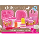 Deluxe 20 piece Set filled to the brim with accessories for your doll. Great to encourage role  play. Includes bib and plate for feeding time and  shampoos and oils for bath time plus so much more.  Age 18m+