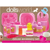 Deluxe 20 piece Set filled to the brim with accessories for your doll. Great to encourage role  play. Includes bib and plate for feeding time and  shampoos and oils for bath time plus so much more.  Age 18m+