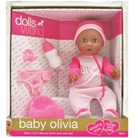 38cm (15") Baby Oliva is a drink & wet doll with sleeping eyes. Accessories include a potty, nappy,  bottle and dummy.Age 18m +