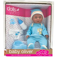 38cm (15") Baby Oliver is a drink & wet doll with sleeping eyes. Accessories include a potty, nappy,  bottle and dummy.Age 18m +