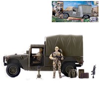 Humvee Soft Top Truck with 2 fully articulated figures. Includes various accessories. Humvee length 26cm. Figure Height 9.5cm.  1:18 scale. Age 3+.
