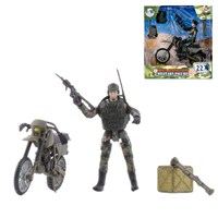 Military Figure with 22 articulated points. Includes mortorbike and various accessories. Height 9.5cm  1:18  scale. Age 3+.