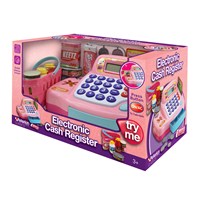 24cm pink cash register with working calculator and  cash drawer.  Credit card swipe and scanner with  supermarket sounds.  Includes play coins,  shopping basket, grocery items and credit card. Age 3+.