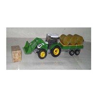 1:32 Scale free wheeling tractor with moving scoop  and detachable bailer trailer.  Length 32cm.  Diecast  metal and plastic parts. Age 3+.