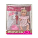 38cm (15”) drink & wet doll with sleeping eyes, outfit, ribbon, hair brush and two sets of scrunches, dummy, potty and two piece drinking bottle. 18m+