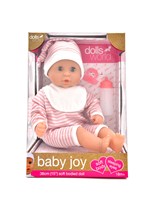 With a soft body that is just perfect for cuddles and hugs,Baby Joy is the perfect first doll for younger children. With baby blue eyes and a beautiful face, this 38cm (15") dolly has a bean filled bum that ensures Baby Joy sits up when required - and when it's time for a nap, the eyes close when you lay your baby down to sleep. The dolly is supplied with a deluxe removeable pink and white striped romper suit and matching hat, plus a bottle and dummy - so everything you need to ensure a delightful  role play experience. Age 18m+