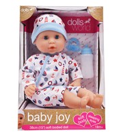With a soft body that is just perfect for cuddles and hugs,Baby Joy is the perfect first doll for younger children. With baby blue eyes and a beautiful face, this 38cm (15") dolly has a bean filled bum that ensures Baby Joy sits up when required - and when it's time for a nap, the eyes close when you lay your baby down to sleep. The dolly is supplied with a deluxe removeable blue romper suit and matching hat, plus a bottle and dummy - so everything you need to ensure a delightful  role play experience. Age 18m+